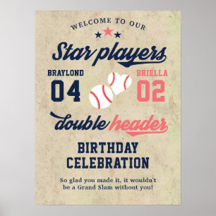 Poster Twin or Sibling Baseball en-tête double Anniversai