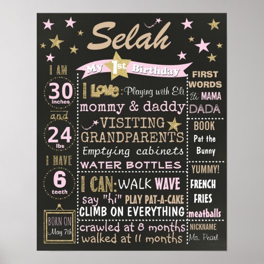 Poster Twinkle Twinkle Little star Chalboard d'anniversai (Devant)
