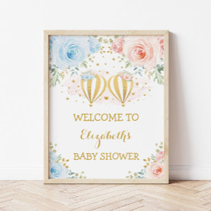 Poster Twins Floral Hot Air Baby shower Bienvenue