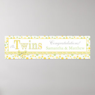 Poster TWINS Mint Green Yellow Dots Baby shower Bannière
