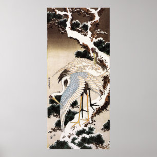 Poster Two cranes on a pine covered with snow, Hiroshige
