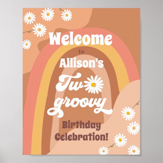 Poster Two Groovy Retro Welcome Hippie Daisy Birthday (Devant)