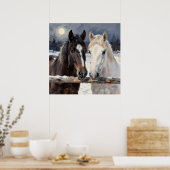 Poster Two Horses on a Snowy Farm Under the Moon (Cuisine)