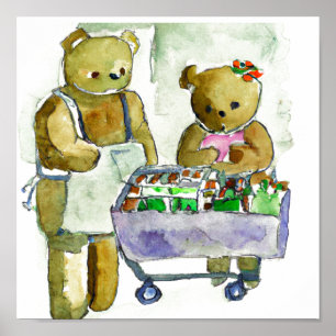 Poster Two Teddy Bears Shopping Art "Digital Download"