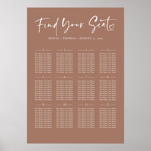 Poster Typographie Carte de siège Mariage Brown moderne (Devant)