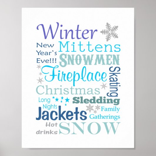 Poster Typographie des mots d'hiver en bleu (Devant)