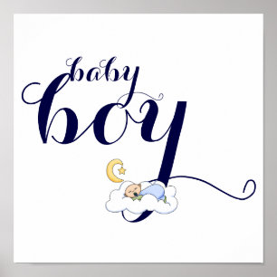 Poster Typographie du bébé endormi bleu, crèche blanche