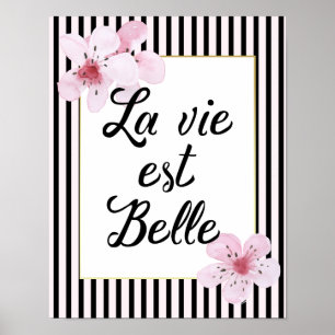 Poster Typographie française Blossoms rayés noirs et rose