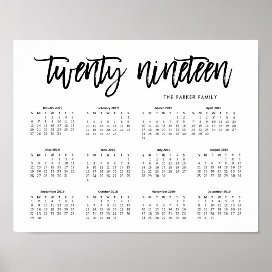 Poster Typographie Moderne Noir et Blanc Calendrier 2019 (Devant)