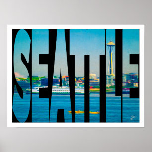 Poster Typographie photo Seattle Skyline WatercolorBorder