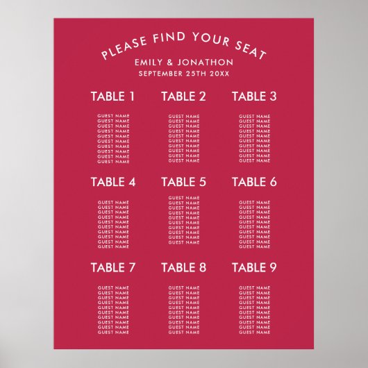 Poster Typographie simple Magenta Mariage Sein Chart (Devant)