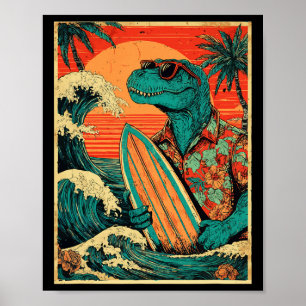 Poster Tyrannosaure Rétro Surf Hawaïen Été Dinosaure