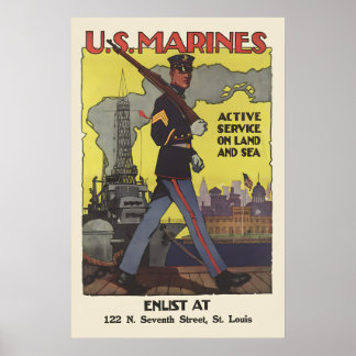 Poster U.S. Marines Active Service Land Sea Air WWI