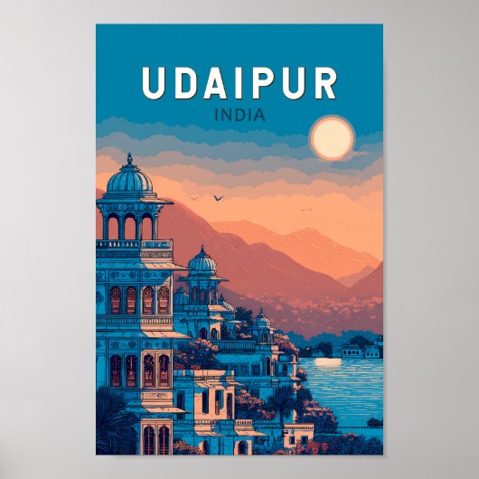 Poster Udaipur Inde Illustration Voyage Art Vintage (Devant)