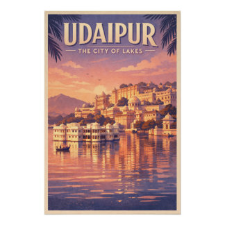 Poster Udaipur, India, in a classic retro travel
