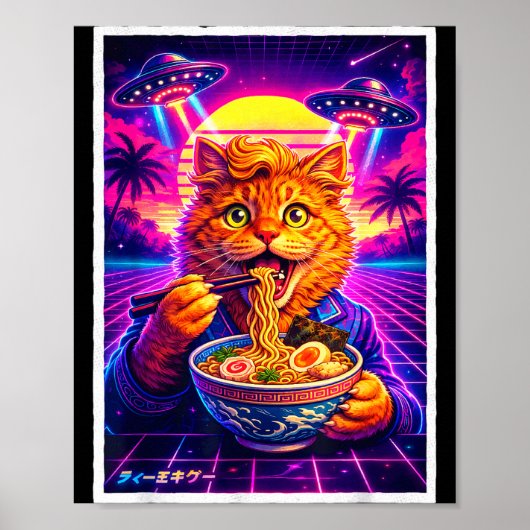 Poster Ufo ramen cat meme retro synthwave 80s graphic (Devant)
