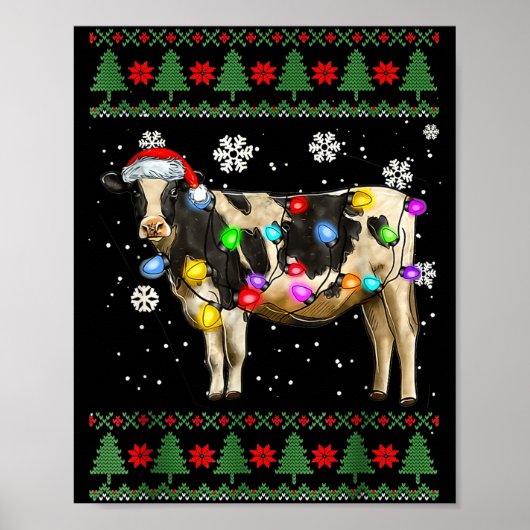 Poster Ugly Cow Christmas Sweater Santa Hat And Light Up (Devant)