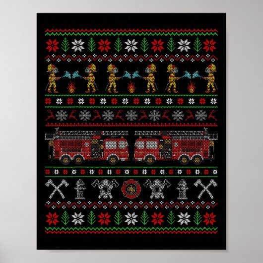 Poster Ugly Xmas Sweater Style Fire Truck Firefighter Chr (Devant)