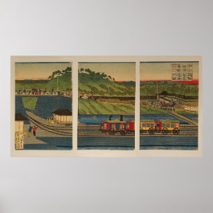 Poster Ukiyo-e Triptych : Train à vapeur sur la côte Taka