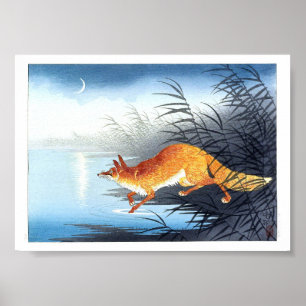 Poster Ukiyoe [Koson] Renard au bord de l'eau éclairé par