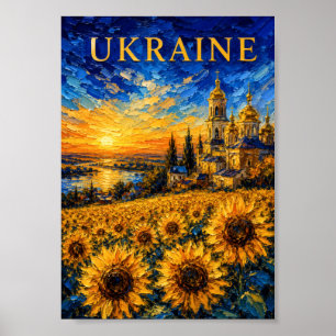 Poster Ukraine : Souvenir d'art Tournesol Coucher de sole