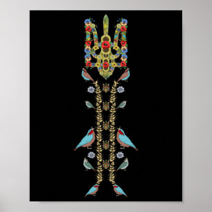Poster Ukraine Trysub (trident) Et Oiseaux Rétro Ukrainie