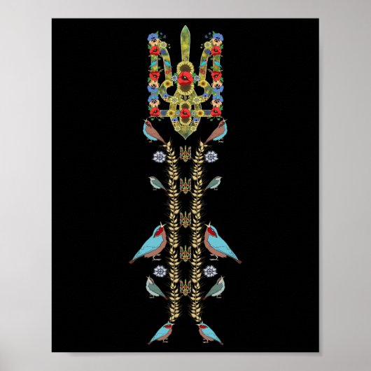 Poster Ukraine Trysub (trident) Et Oiseaux Rétro Ukrainie (Devant)