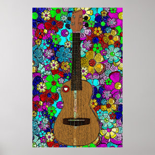 Poster Ukulele avec Fleurs de Hip Super et Coeur