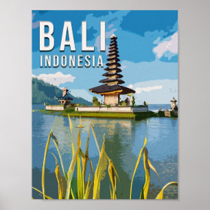 Poster Ulun Danu Beratan Temple Indonésie Aquarelle