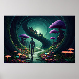 Poster Un alien solitaire marche sur le chemin à travers