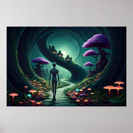 Poster Un alien solitaire marche sur le chemin à travers (Devant)