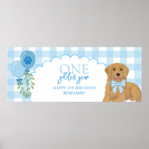 Poster Un an en or Chiot Retriever Bleu 1er Anniversaire
