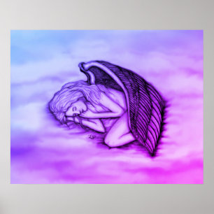 Poster Un ange endormi sur les nuages du ciel en rose