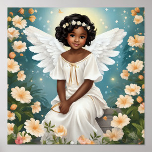 Poster Un ange noir entouré de fleurs