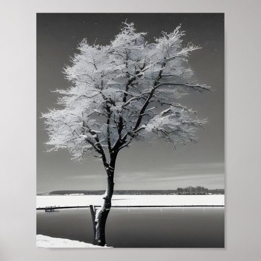 Poster Un arbre enneigé en hiver au bord de l'eau (Devant)