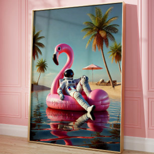 Poster Un astronaute amusant sur Pink Flamant rose Beach 