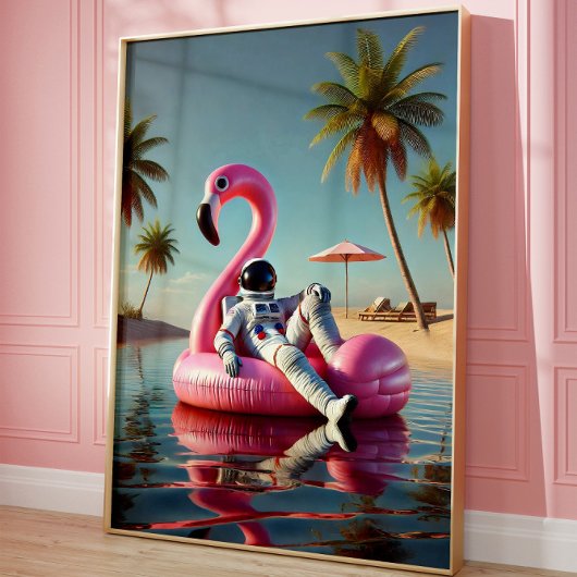 Poster Un astronaute amusant sur Pink Flamant rose Beach 