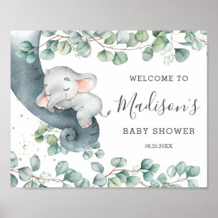 Poster Un Baby shower de fille éléphant vert rustique Bie