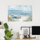 Poster un bateau bleu sur un paysage de plage (Bureau à domicile)