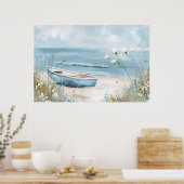 Poster un bateau bleu sur un paysage de plage (Cuisine)