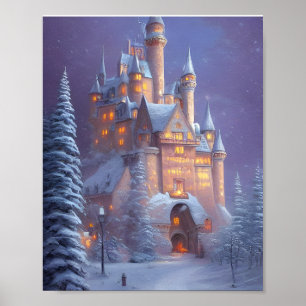 Poster Un beau château illuminé dans la neige