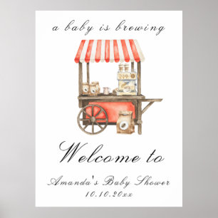 Poster Un bébé prépare un chariot de café pour la baby sh