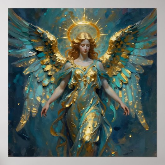 Poster Un bel ange en or et turquoise (Devant)