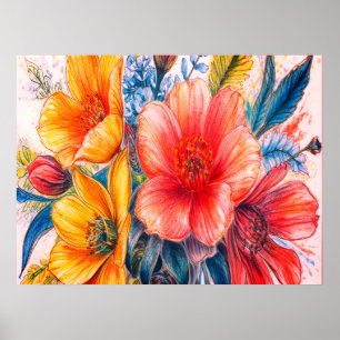 Poster Un bouquet de belles fleurs épanouies sur un mur