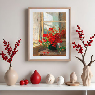 Poster Un bouquet de coquelicots près de la fenêtre