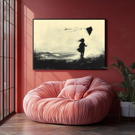 Poster Un cerf-volant de fille sur la rive à Dusk - Charb