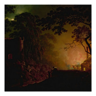 Poster Un chalet en feu la nuit Joseph Wright de Derby