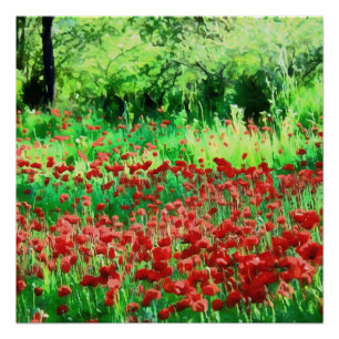 Poster Un Champ D'Art Paysager Fleur sauvage Rouge