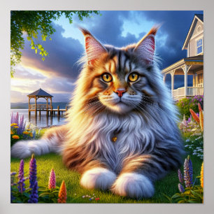 Poster Un chat au Maine Coon posé dans une campagne paisi