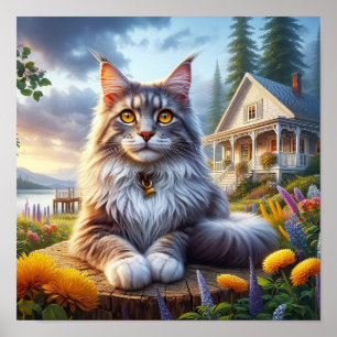 Poster Un chat au Maine Coon posé dans une campagne paisi